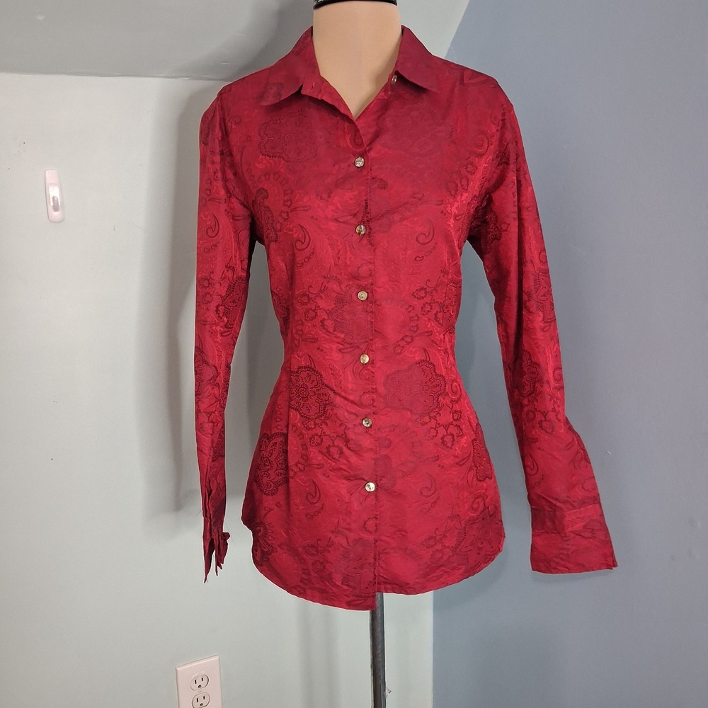 Jill McGowan Red Silk Paisley Jacquard Button Down Shirt Blouse Large USA Made